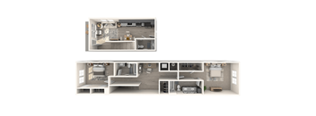 A 3D rendered image of a modern apartment with two sections, one with a kitchen and living room, and the other with a bedroom and bathroom.