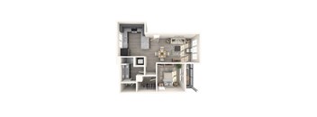 A 3D floor plan of a modern apartment with a kitchen, living room, and bathroom.