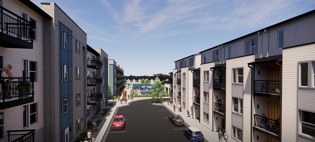 a rendering of a city street with rows of buildings on either side and a fountain