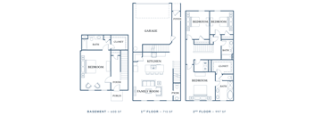 A floor plan of a house with three bedrooms, a garage, and a porch.