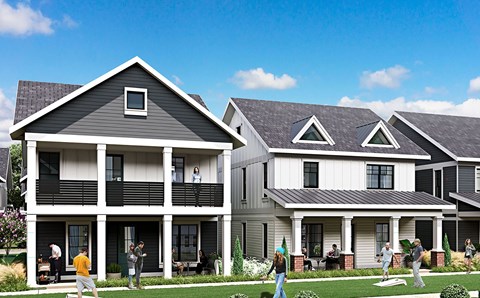 A row of houses with people outside.