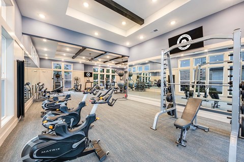 A gym with a variety of exercise equipment including treadmills, stationary bikes, and weight machines.