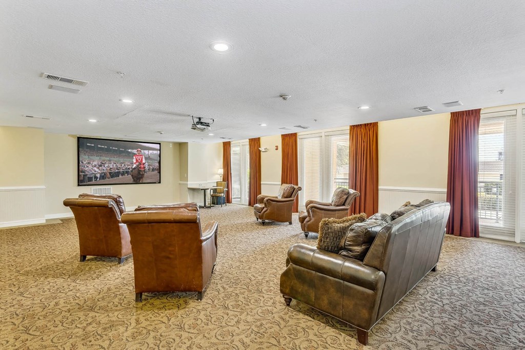 a large living room with leather furniture and a tv