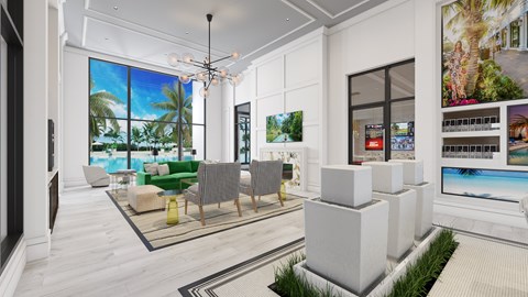 a living room filled with furniture and a large window at Altis Santa Barbara, Naples, FL