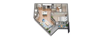 A 3D floor plan of a house with a living room, kitchen, dining room, and bedrooms.