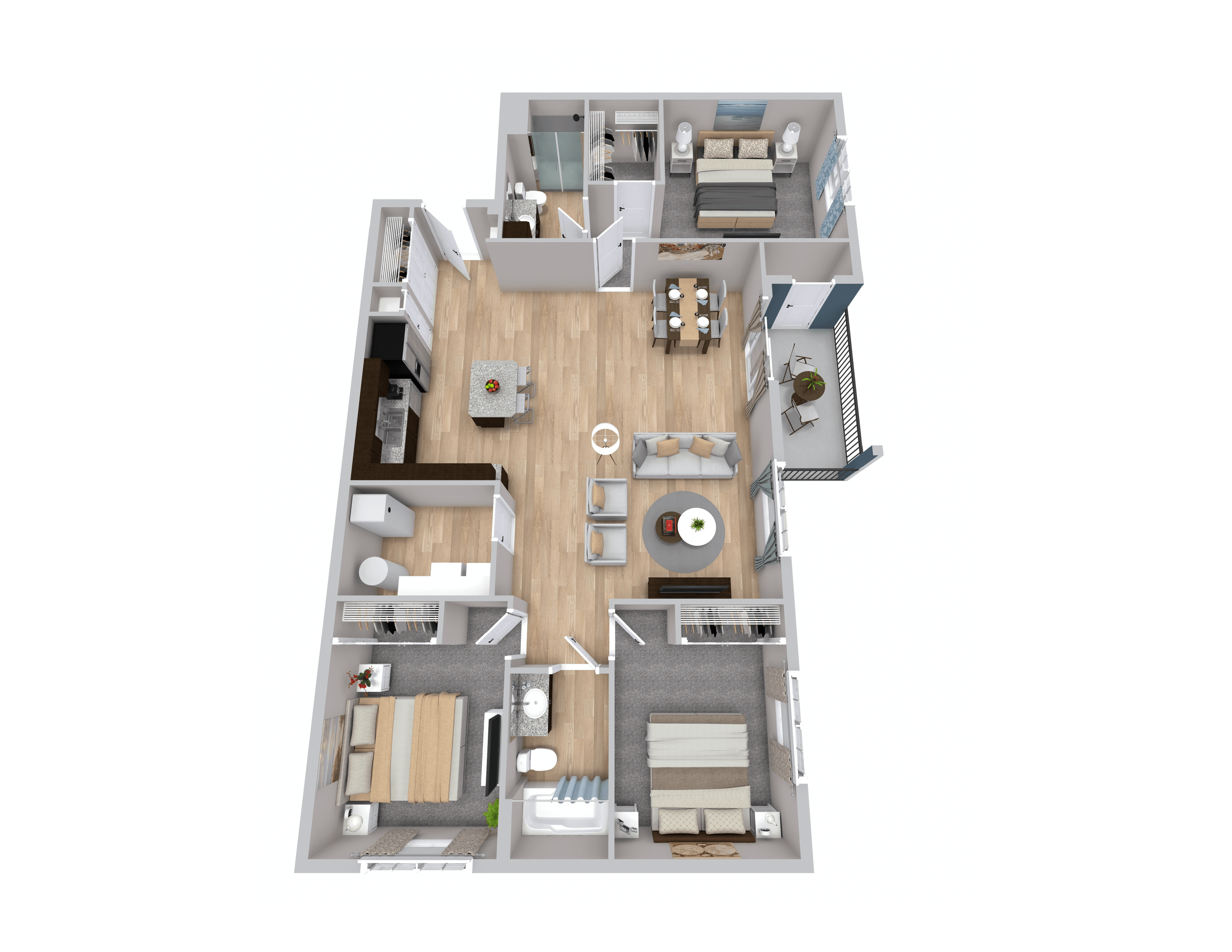 A floor plan of a house with a living room, dining room, kitchen, and two bedrooms.