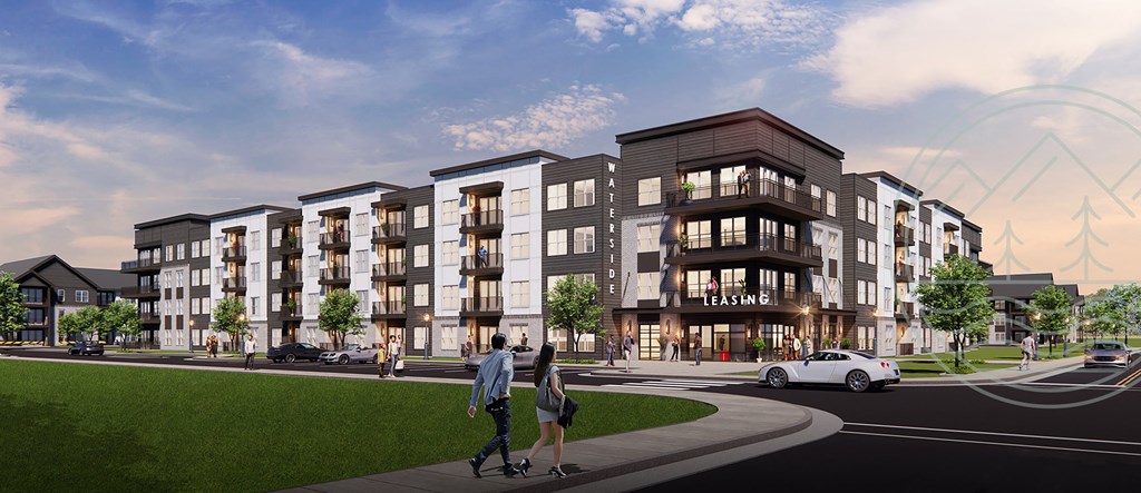 Dog-Friendly Apartments in Chattanooga, TN - Populus Waterside - Apartment Building with White and Brown Details, Windows, Private Balconies/Patios, Trees, Grass, and Road