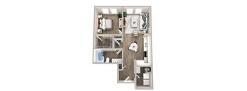 A top-down view of a modern apartment layout with a living room, kitchen, and bathroom.