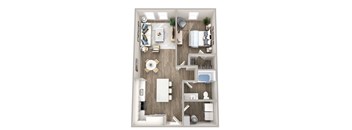 A top-down view of a modern apartment with a kitchen, living room, and bedroom.