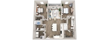 A top-down view of a modern apartment layout with a kitchen, living room, and bedrooms.