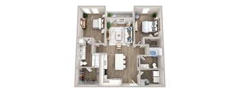 A top-down view of a well-organized apartment with a kitchen, living room, and bedrooms.