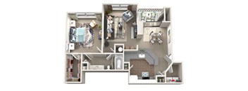 A 3D floor plan of a house showing the layout of the rooms.