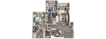 A detailed 3D floor plan of a two-story apartment.