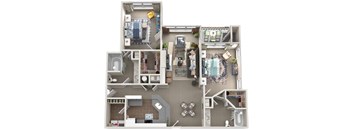 A detailed 3D floor plan of a house showing all rooms and furniture.