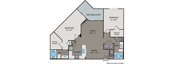 A floor plan of a home with a living room, two bedrooms, a patio/balcony, a dining area, a kitchen, and two bathrooms.