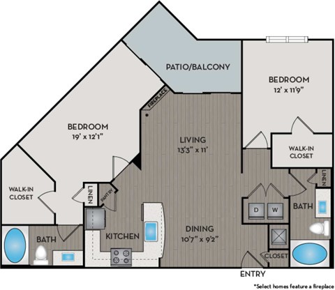 A floor plan of a home with a living room, two bedrooms, a patio/balcony, a dining area, a kitchen, and two bathrooms.