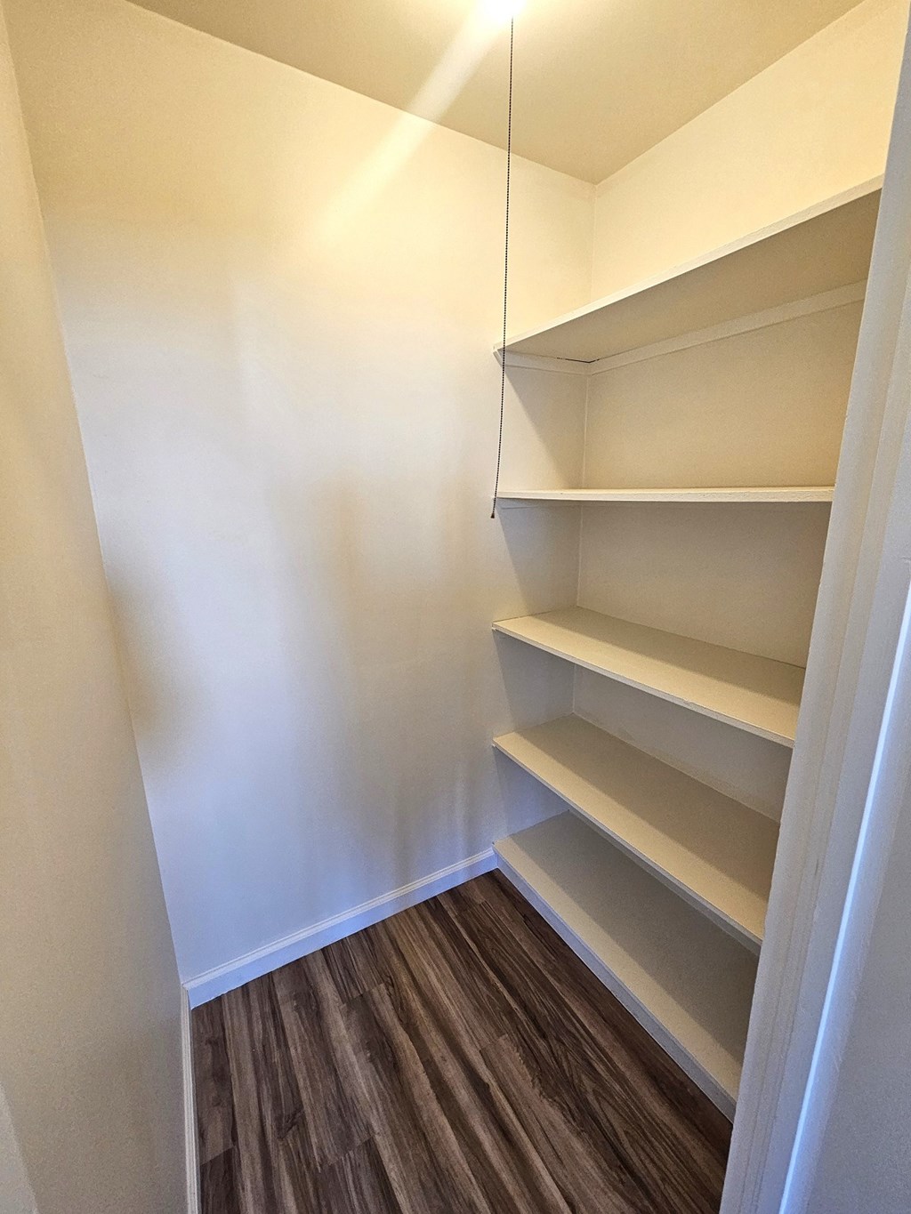 a walk in closet in a new home with empty shelves