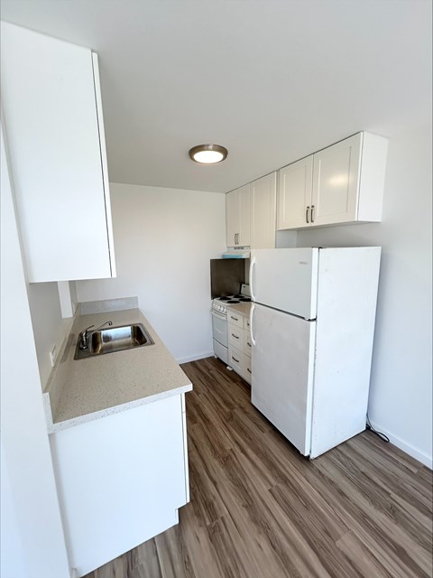 A kitchen with a white fridge and a counter top.