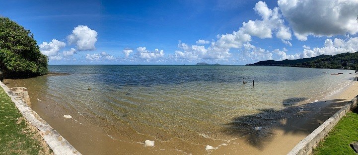 a beach with people in the water and a cloudy sky