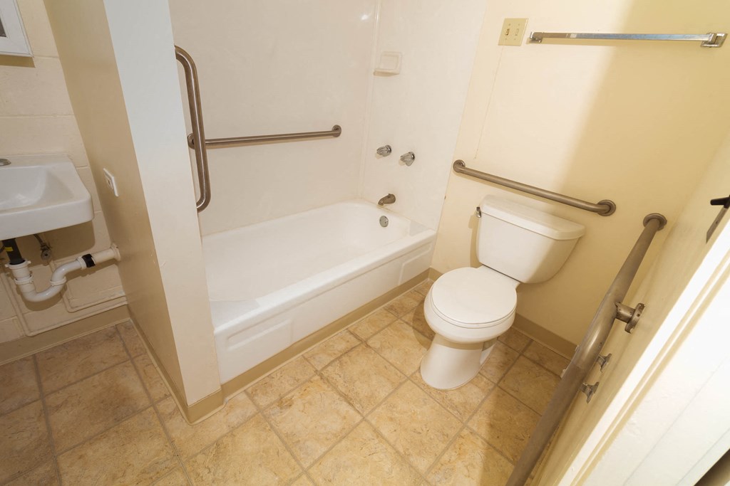 a bathroom with a toilet and a tub and a sink