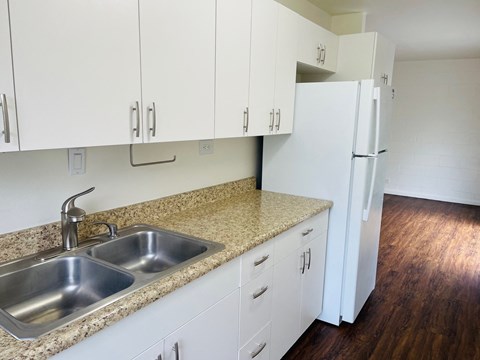 A kitchen with a sink and cabinets.