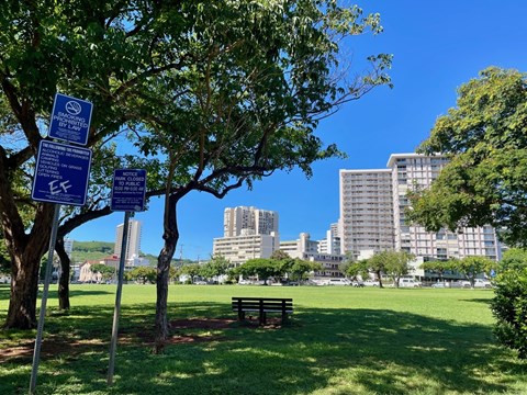 A park with a bench and trees with a sign on the left.