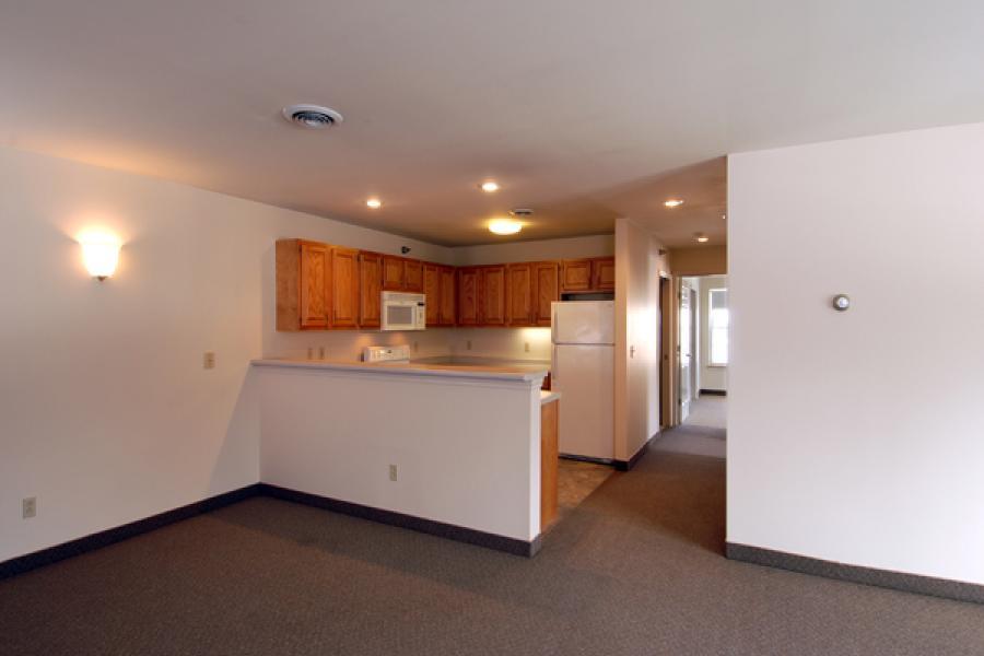 a kitchen and a living room with white walls
