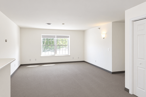 A room with a window and a carpeted floor.
