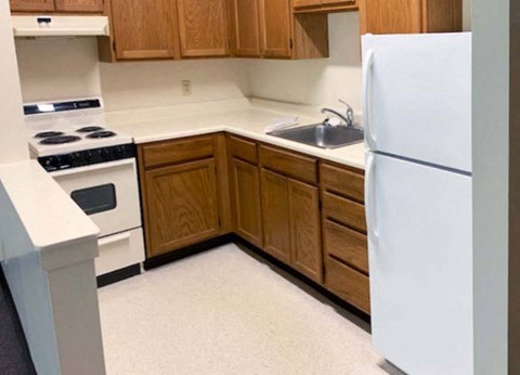 a kitchen with a stove refrigerator and a sink