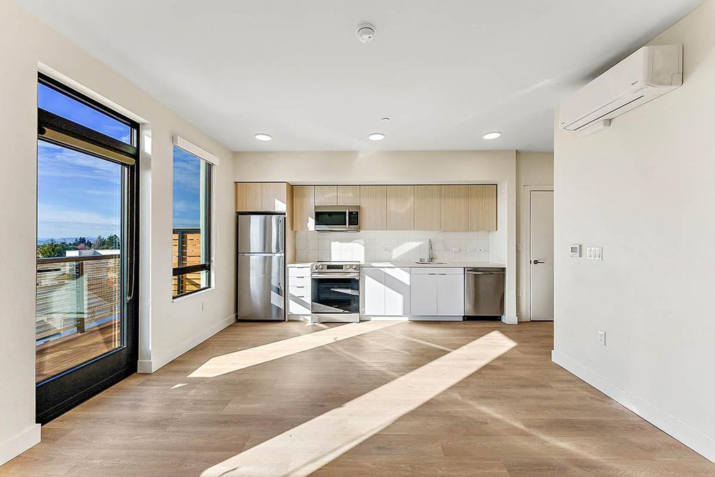 Blake - A4 Floor Plan - Studio Apartment - 700sf - Living Room and Kitchen View 01