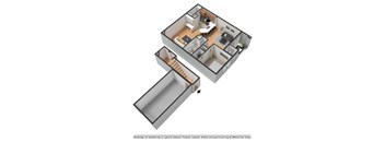 A 3D floor plan of a house with a kitchen, living room, and bedrooms.