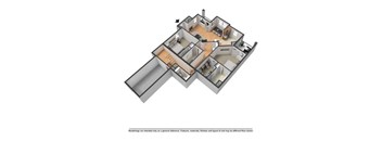 A 3D rendered image of a house layout with a kitchen, living room, and bedrooms.