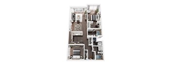A top-down view of a small apartment with a kitchen, living room, and bathroom.