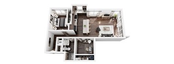 A top-down view of a modern apartment layout.
