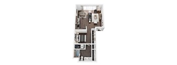 A top down view of a small apartment with a kitchen, living room, and bathroom.