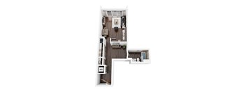 A top down view of a small apartment with a kitchen, living room, and bathroom.