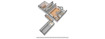 A 3D floor plan of a house with a kitchen, living room, and bedrooms.