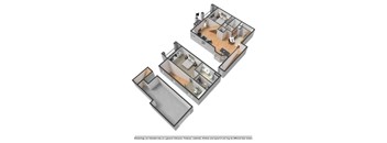 A 3D floor plan of a house with a kitchen, living room, and two bedrooms.