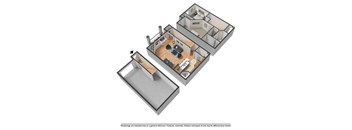 A 3D floor plan of a house with a kitchen, living room, and bathroom.