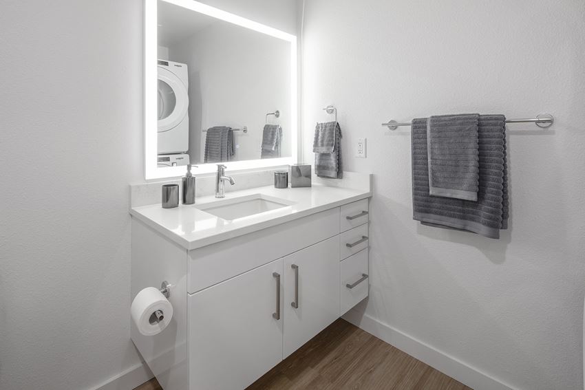 a bathroom with a sink and a mirror and a washing machine