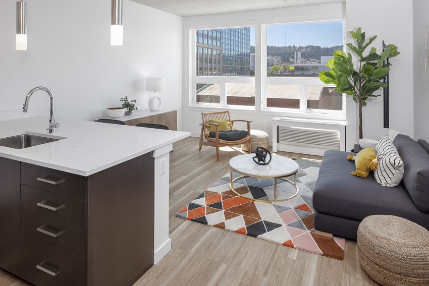 a living area with a kitchen and a couch and a table