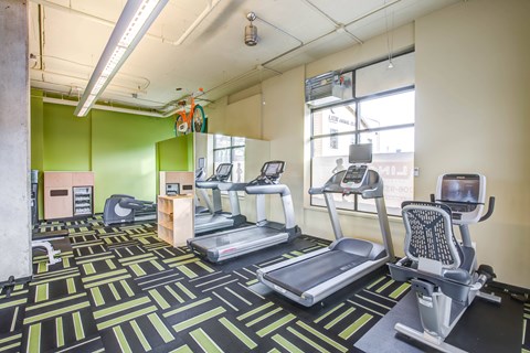 A gym with treadmills, exercise bikes, and other equipment.