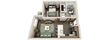A top-down view of a small apartment with a bedroom, living room, and kitchen area.