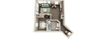 A floor plan of a small apartment with a living room, kitchen, and bathroom.