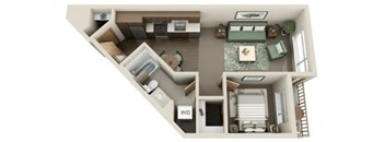 A floor plan of a house with a living room, kitchen, and two bedrooms.