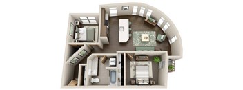 A 3D floor plan of a house with a living room, dining room, kitchen, and bathrooms.