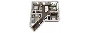 A 3D floor plan of a small apartment with a kitchen, living room, and bedroom.