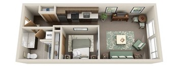 A 3D floor plan of a small apartment with a bedroom, living room, and kitchen.