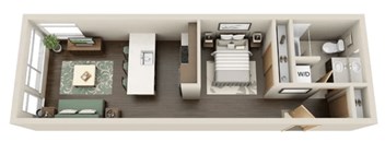 A 3D floor plan of a small apartment with a kitchen, living room, and bedroom.