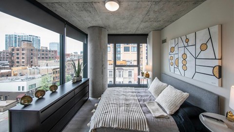 Marlowe Apartments Chicago Corner Unit Bedroom View of City Skyline